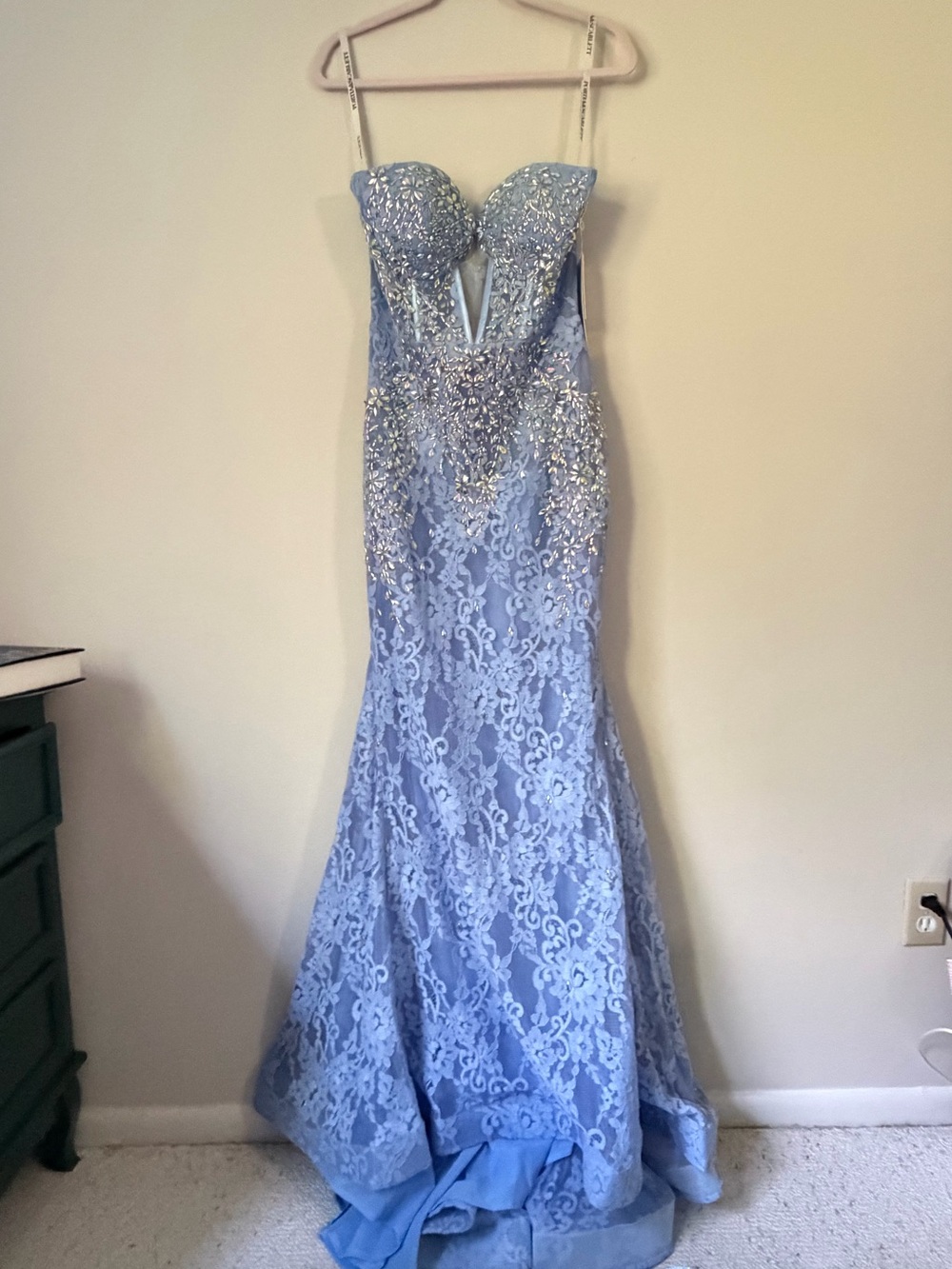 Portia and Scarlett Light Blue Strapless Corset and Lace Mermaid Gown